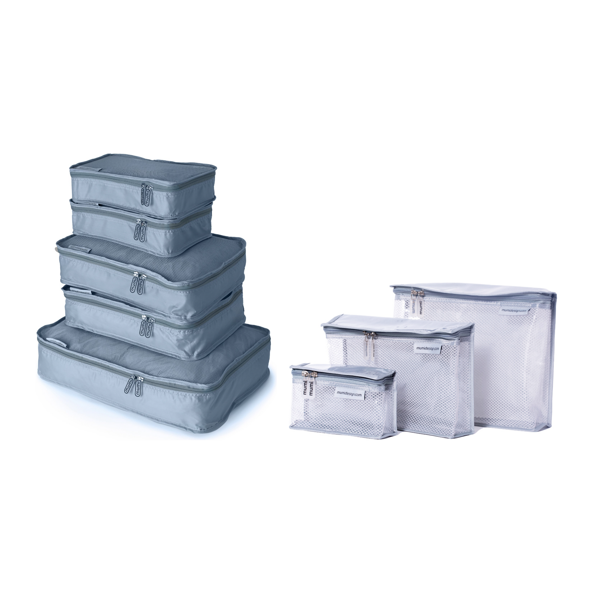 Organizing Duo Mumi — set de packing cubes (5) y toiletry cubes (3) en gris — Buenas Gracias
