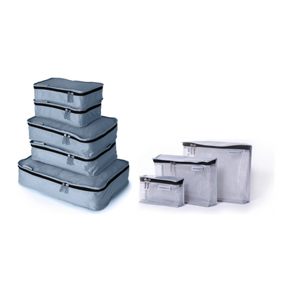 Organizing Duo Mumi — set de packing cubes (5) y toiletry cubes (3) en negro — Buenas Gracias