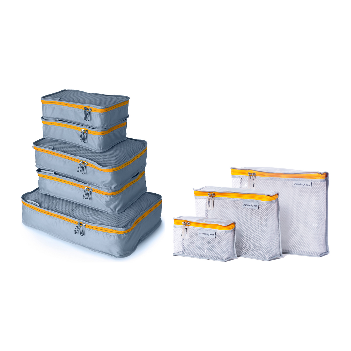 Organizing Duo Mumi — set de packing cubes (5) y toiletry cubes (3) en naranja — Buenas Gracias