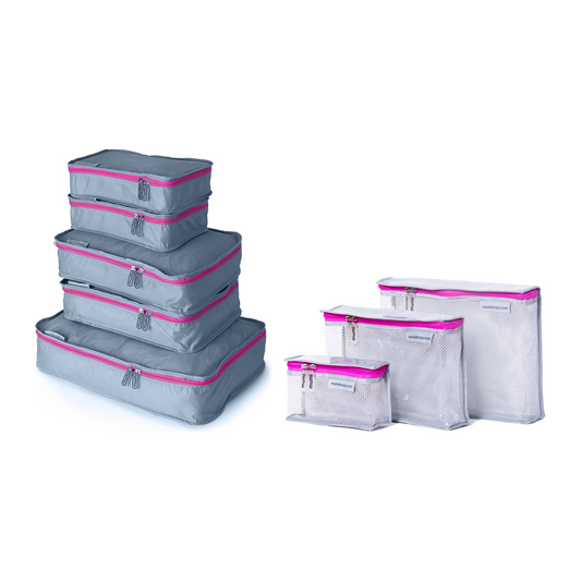 Organizing Duo Mumi — set de packing cubes (5) y toiletry cubes (3) en rosado — Buenas Gracias