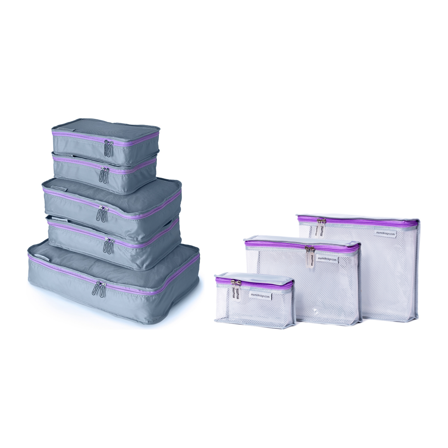 Organizing Duo Mumi — set de packing cubes (5) y toiletry cubes (3) en morado — Buenas Gracias