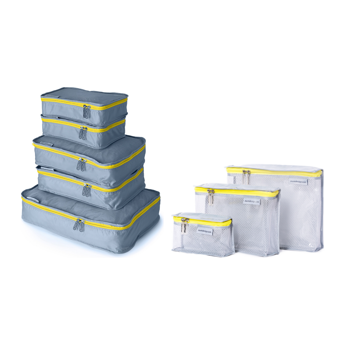 Organizing Duo Mumi — set de packing cubes (5) y toiletry cubes (3) en amarillo — Buenas Gracias